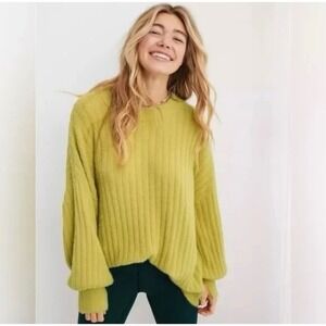 Aerie Ribbed Fuzzy Oversized Crewneck Sweater Chartreuse Green XS